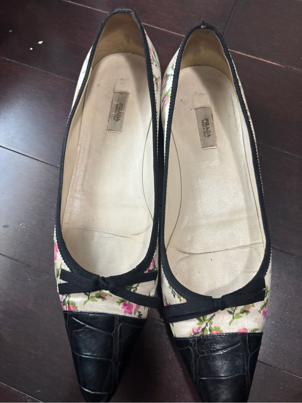 Prada Floral Canvas Pointed Toe Flats in Cream and Black with Pink Accents - Picture 4 of 6